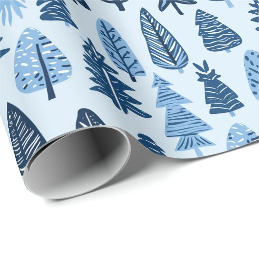 Hand Drawn Trees Blue Christmas Geschenkpapier (Rolleneckpunkt)