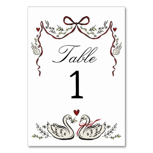 Hand Drawn unique Swans Wedding Table Card Tischnummer (Rückseite)