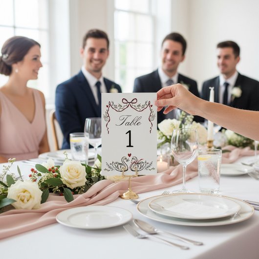 Hand Drawn unique Swans Wedding Table Card Tischnummer