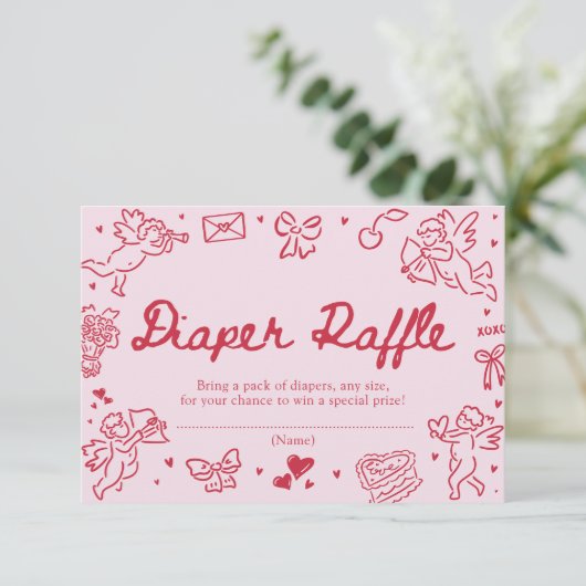 Hand Drawn Valentine Baby Shower Diaper Raffle Begleitkarte (Stehend Vorderseite)