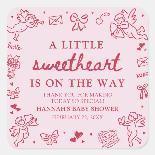 Hand Drawn Valentine Little Sweetheat Baby Shower Quadratischer Aufkleber (Vorderseite)