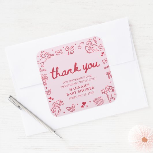 Hand Drawn Valentine Little Sweetheat Baby Shower Quadratischer Aufkleber (Umschlag)