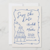 Hand Drawn Vintag Blue Wedding Save The Date (Vorderseite)