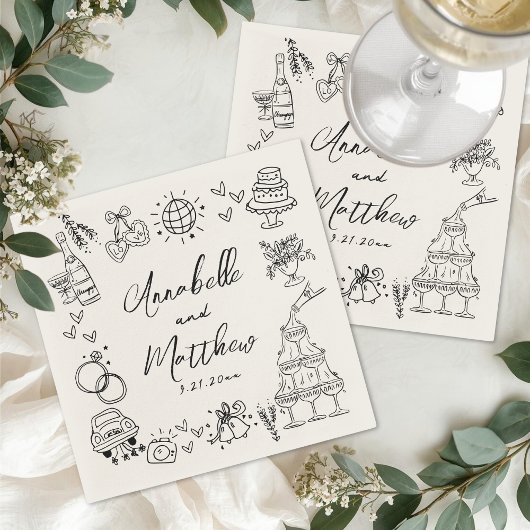 Hand Drawn Vintage Whimsical Wedding Serviette
