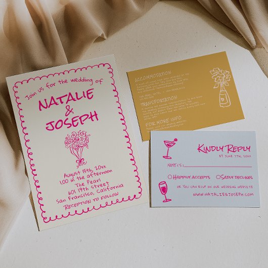 Hand Drawn Vivid Pink Retro Funky Quirky Wedding Einladung