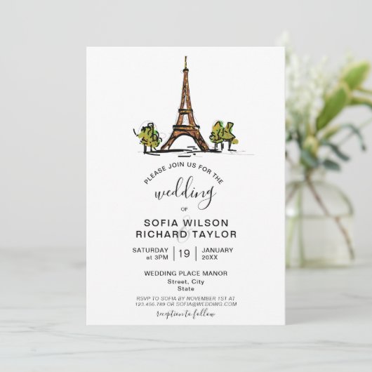 Hand Drawn Wedding Destination Paris Eiffelturm Einladung (Stehend Vorderseite)