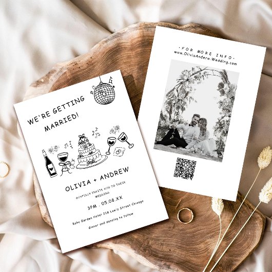 Hand Drawn Whimsical Black and White Wedding Einladung