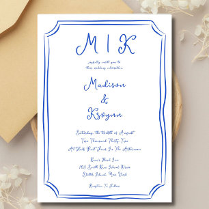 Hand Drawn Whimsical Blue French Wedding Einladung