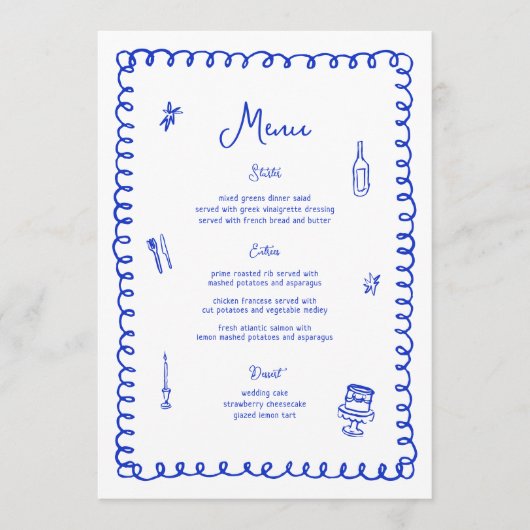 Hand Drawn Whimsical Blue French Wedding Menükarte (Vorderseite)