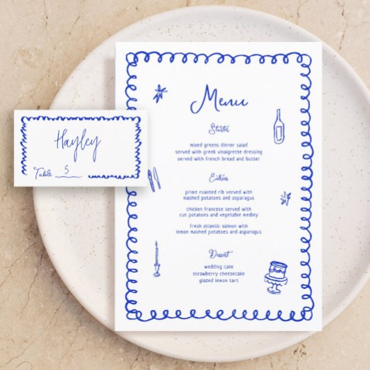Hand Drawn Whimsical Blue French Wedding Menükarte