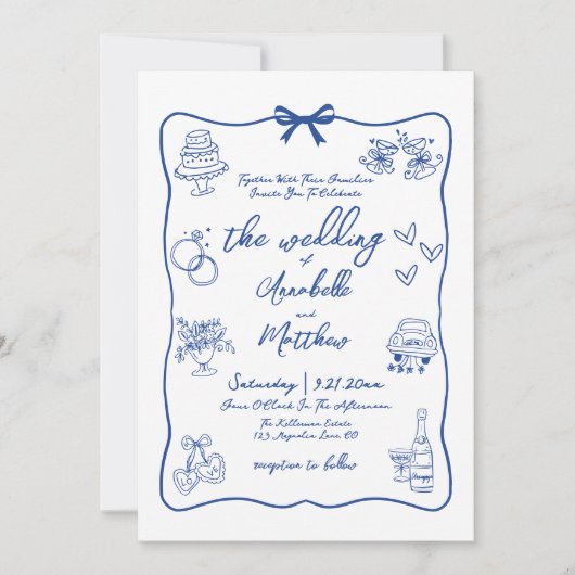 Hand Drawn Whimsical Blue Wedding Einladung (Vorderseite)