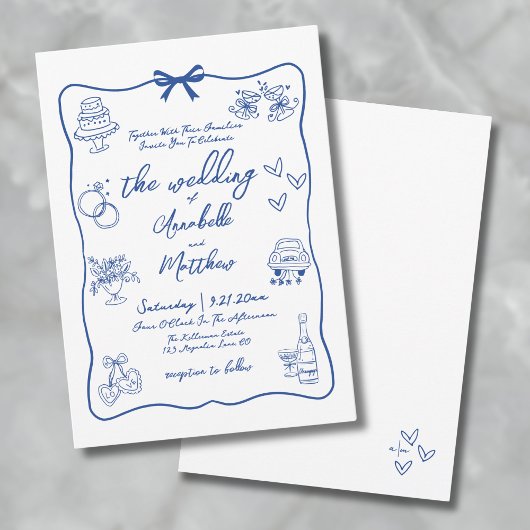 Hand Drawn Whimsical Blue Wedding Einladung