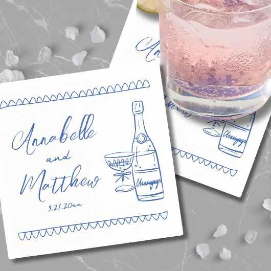 Hand Drawn Whimsical Blue Wedding Serviette