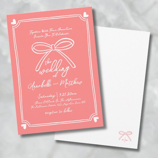Hand Drawn Whimsical Bow Coral Wedding Einladung