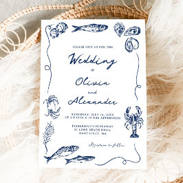 Hand Drawn Whimsical Coastal Navy Blue Wedding Einladung