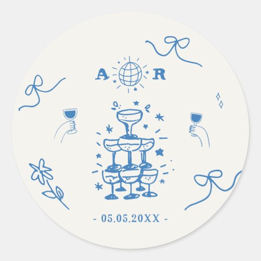 Hand Drawn Whimsical Disco Französisch Hochzeitsmo Runder Aufkleber (Vorderseite)