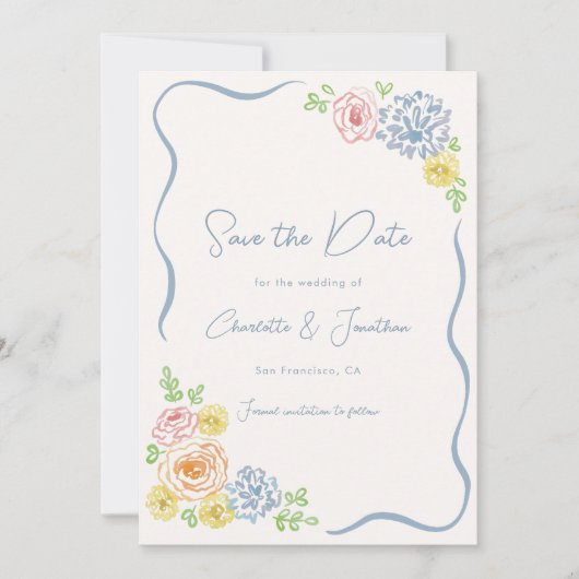Hand Drawn Whimsical Floral Pastel Hochzeit Save The Date (Vorderseite)