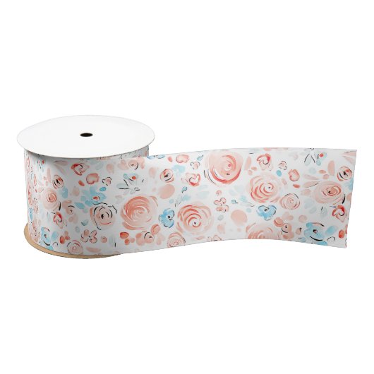 Hand Drawn Whimsical Flowers Dusty Blue and Pink Satinband (Spule)