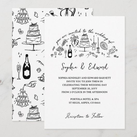 Hand-drawn whimsical line art wedding style einladung (Vorne/Hinten)