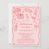 Hand Drawn Whimsical Pink Red Galentines Spa Party Einladung (Vorderseite)