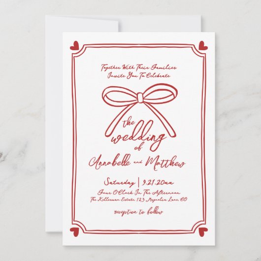 Hand Drawn Whimsical Red Bow Wedding Einladung (Vorderseite)