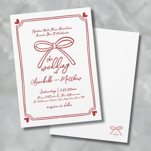 Hand Drawn Whimsical Red Bow Wedding Einladung
