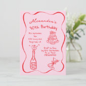 Hand Drawn Whimsical Red Pink 30th Birthday Einladung (Stehend Vorderseite)