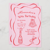 Hand Drawn Whimsical Red Pink 30th Birthday Einladung (Vorne/Hinten)