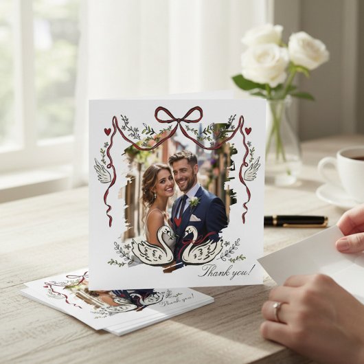 Hand Drawn  Whimsical Swans Photo Card Thank You Dankeskarte