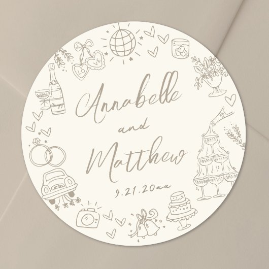 Hand Drawn Whimsical Wedding Runder Aufkleber
