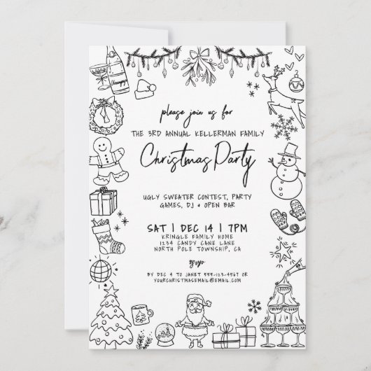Hand Drawn Whimsical Weihnachtsfest Party Einladung (Vorderseite)