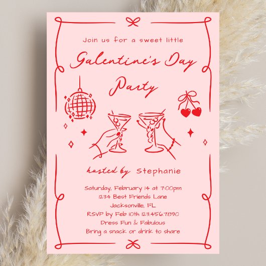 Hand Drawn Whimsy Pink & Red Galentine's Day Party Einladung