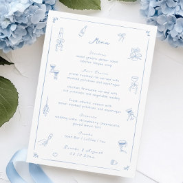 Hand Drawn White and Blue Wedding Menükarte