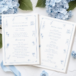 Hand Drawn White and Dusty Blue Wedding Programm