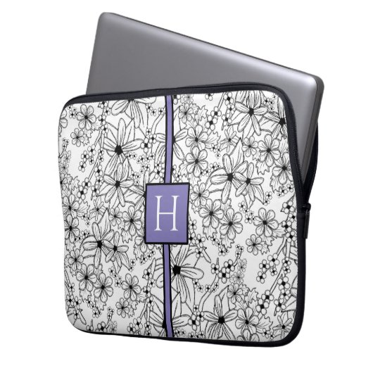 Hand Drawn White Floral Pattern Purple Monogram Laptopschutzhülle (Vorderseite Links)
