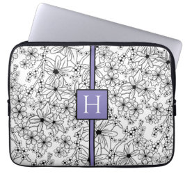 Hand Drawn White Floral Pattern Purple Monogram Laptopschutzhülle