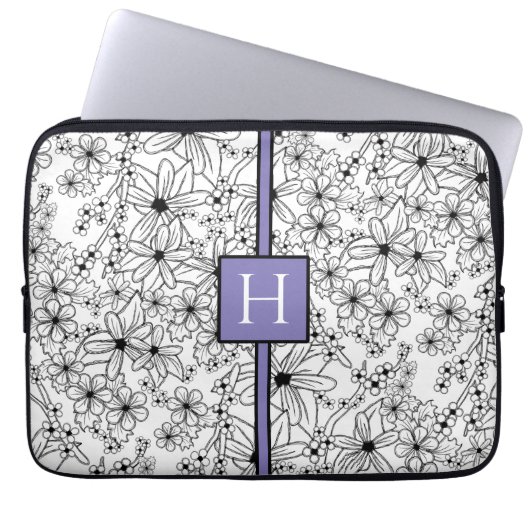 Hand Drawn White Floral Pattern Purple Monogram Laptopschutzhülle (Vorderseite)