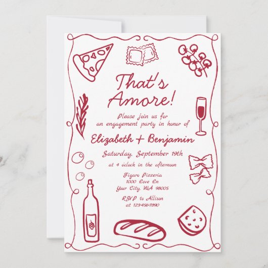Hand Drawn Wine Red Retro Italian Engagement Party Einladung (Vorderseite)