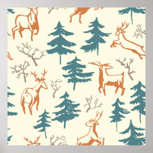 Hand drawn winter seamless pattern with deer and p poster