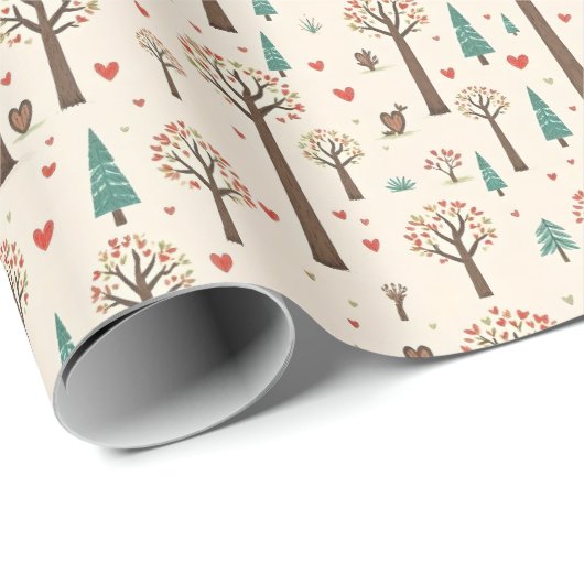 Hand Drawn Woodland Trees with Hearts Gift Wrap    Geschenkpapier (Rolleneckpunkt)