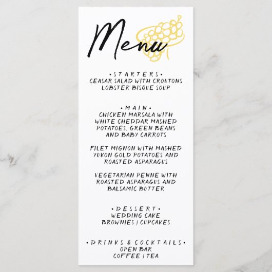 Hand Drawn Yellow White Whimsical Wedding Menu Menükarte (Vorderseite)