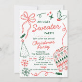 Hand Drwan Christmas Doodles Ugly Sweater Party Einladung (Vorderseite)