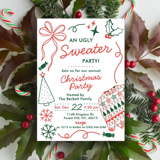 Hand Drwan Christmas Doodles Ugly Sweater Party Einladung