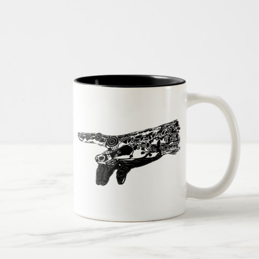 Hand eines Cyborg-Gottes? Zweifarbige Tasse (Rechts)