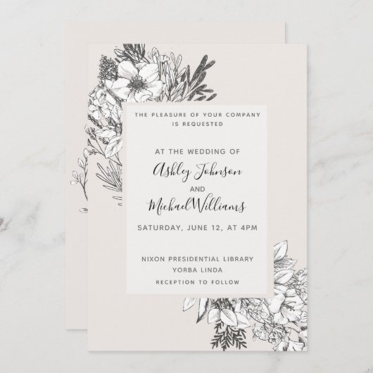 HAND GEZEICHNET BOTANICAL Stylish Modern Blush Flo Einladung (Vorne/Hinten)