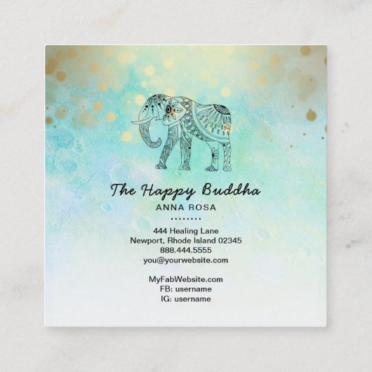 *~* Hand gezeichnet Elephant Muster Buddha Gold Quadratische Visitenkarte (Rückseite)