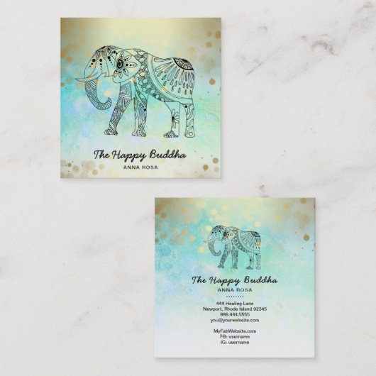 *~* Hand gezeichnet Elephant Muster Buddha Gold Quadratische Visitenkarte (Vorne/Hinten)