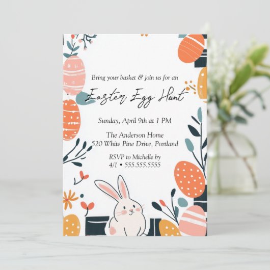 Hand Gezeichnet Niedlich Hasen und Eier Ostereier Einladung (Stehend Vorderseite)