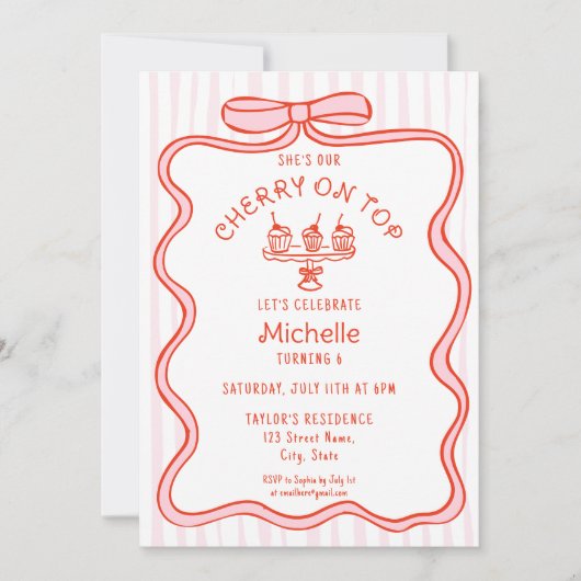 Hand gezeichnet rosa Bow Cherry auf Top Girl Gebur Einladung (Vorderseite)