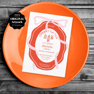 Hand gezeichnet rosa Bow Cherry auf Top Girl Gebur Einladung